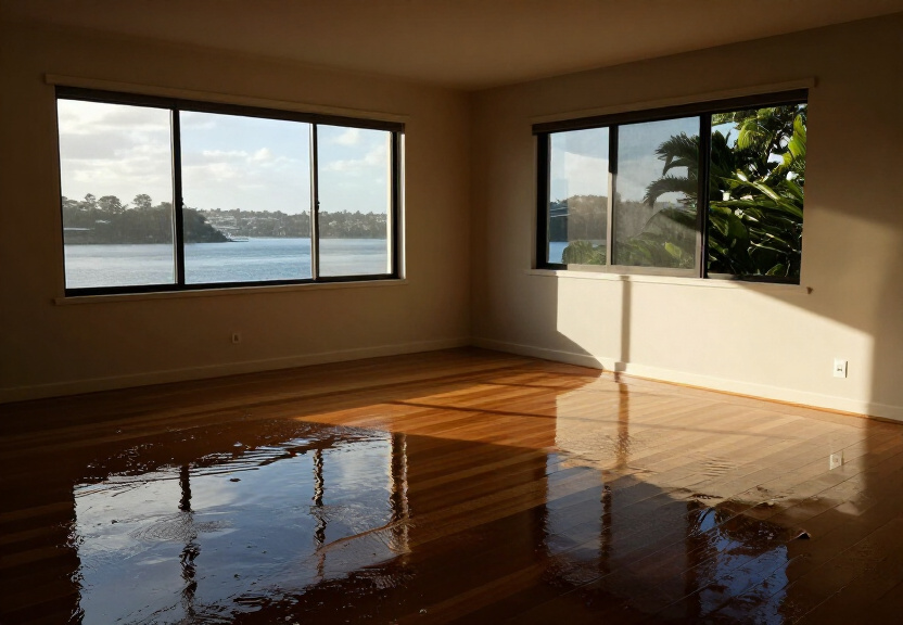 Flooded living room in Huntleys Cove before restoration